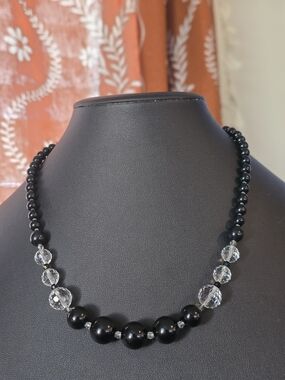 Black Beaded Necklace with Clear Faceted Accents